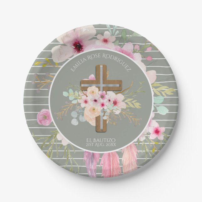 Girls Floral Cross Bautizo Baptism Pink Flowers Paper Plate (Front)