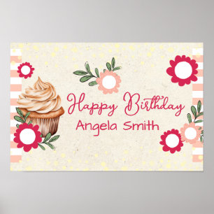 Girls Floral Cupcake Welcome Birthday Kraft Paper Poster