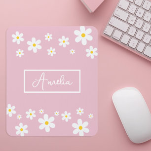 Girls Floral Daisy Personalised Pink Mouse Mat