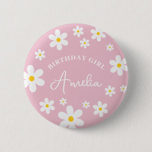 Girls Floral Daisy Pink Birthday Girl Badge