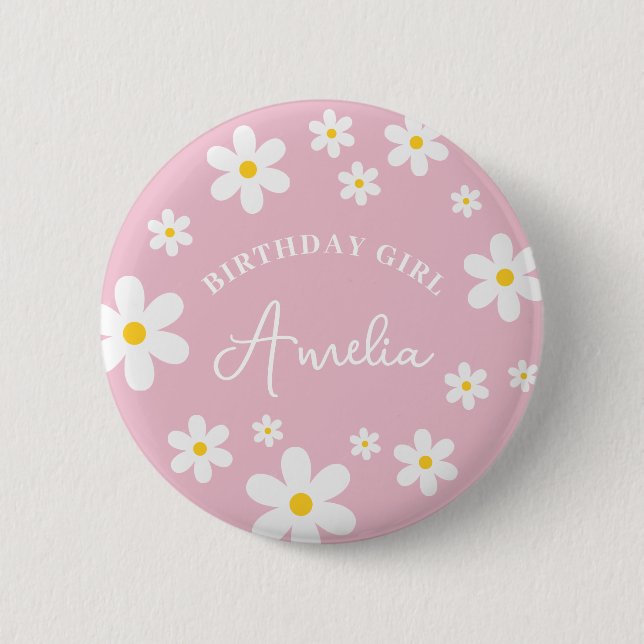Girls Floral Daisy Pink Birthday Girl Badge (Front)