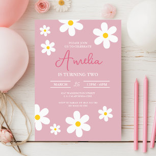 Girls Floral Daisy Pink Birthday Invitation