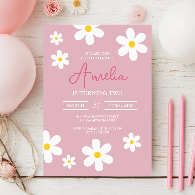 Girls Floral Daisy Pink Birthday Invitation (Creator Uploaded)