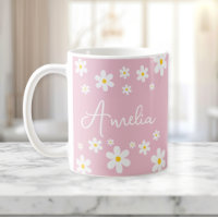 Girls Floral Daisy Pink Personalised Mug