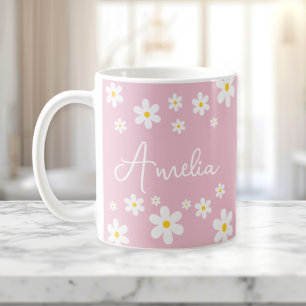 Girls Floral Daisy Pink Personalised Mug
