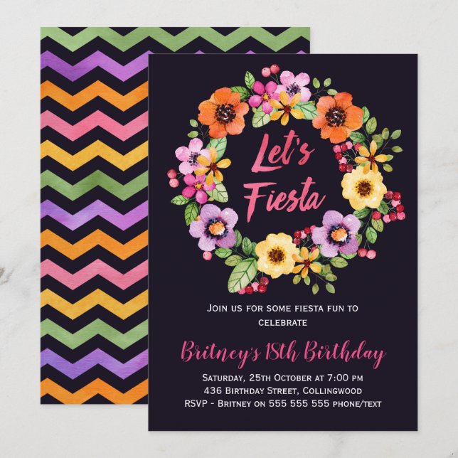 Girls Floral Fiesta Birthday Party Invitation (Front/Back)