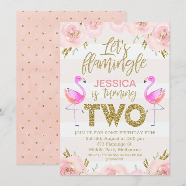 Girls floral flamingo 2nd birthday invitation (Front/Back)