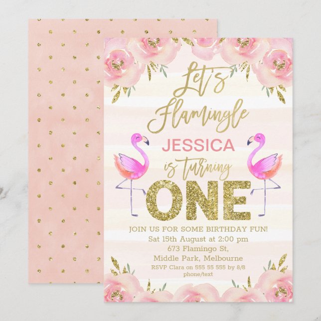 Girls floral flamingo first birthday invitation (Front/Back)