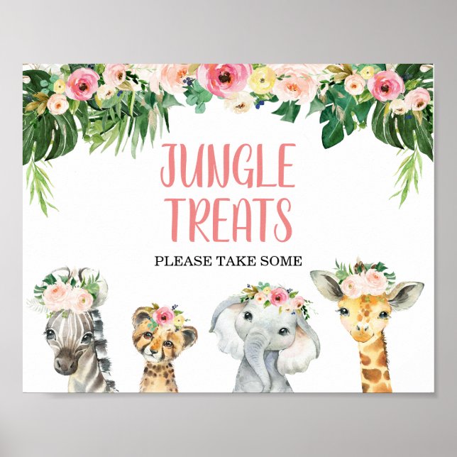 Girls Floral Foliage Safari Animals Birthday Sign (Front)
