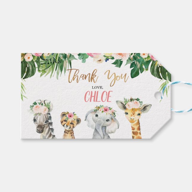 Girls Floral Foliage Safari Animals Birthday Tag (Front (Horizontal))