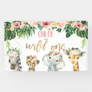 Girls Floral Foliage Safari Wild one Birthday  Banner