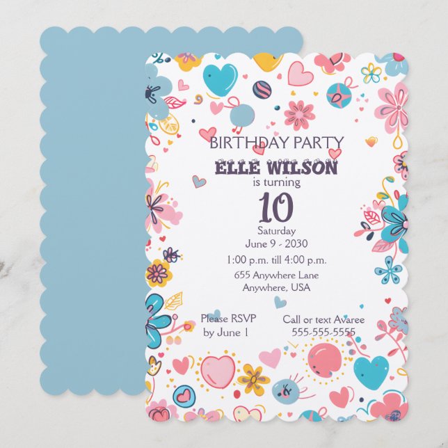 Girls Floral Frame 10th Birthday Party Invitation (Front/Back)