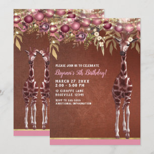 Girls Floral Giraffe Pink & Gold Birthday Party Invitation