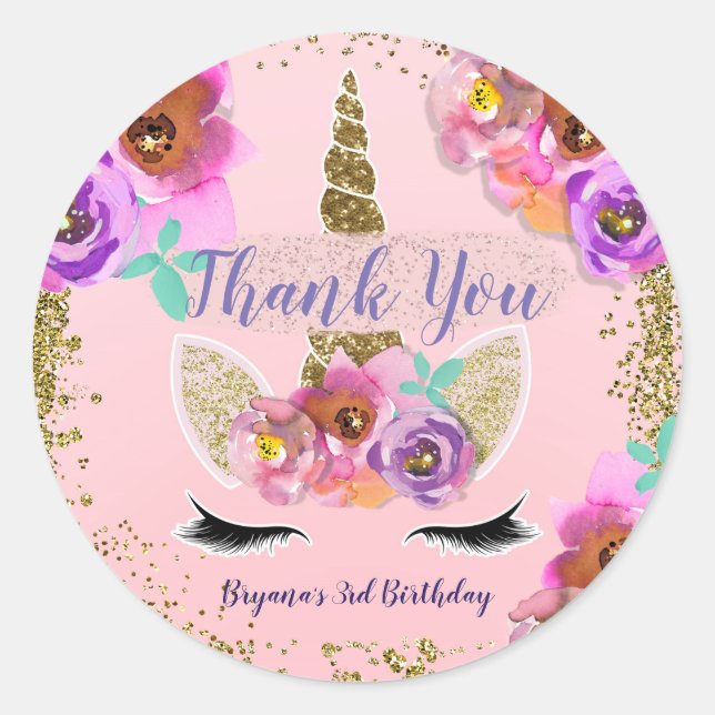 Girls Floral & Gold Glitter Unicorn Birthday Party Classic Round Sticker (Front)