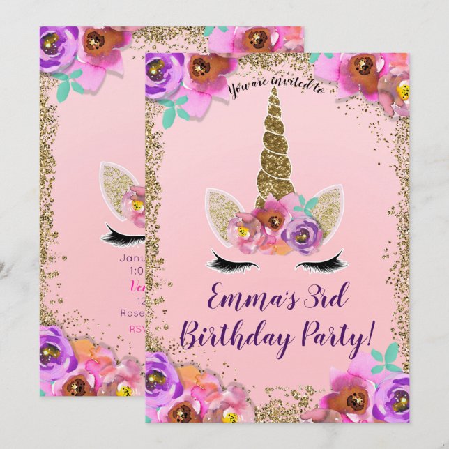 Girls Floral & Gold Glitter Unicorn Birthday Party Invitation (Front/Back)