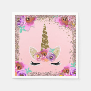 Girls Floral & Gold Glitter Unicorn Birthday Party Napkin