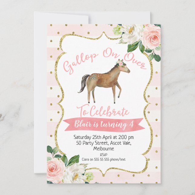 Girls Floral Horse Birthday Invitation (Front)