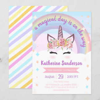 Girls Floral Magical Unicorn Face Rainbow Birthday Invitation