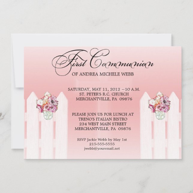 Girl's Floral Mason Jar First Communion Invitation (Front)