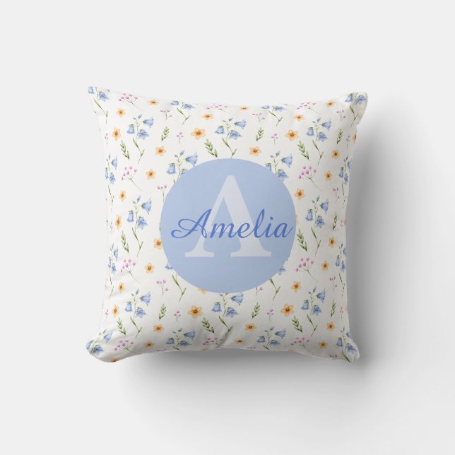 Girls Floral Pattern Monogram Name Kids Pillow (Front)