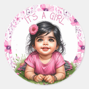 Girl's Floral Pink Baby Shower It's a Girl Classic Round Sticker