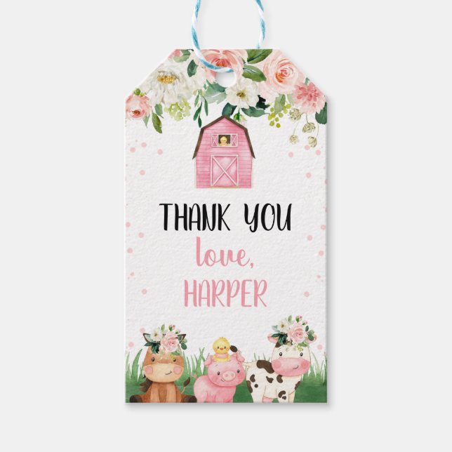 Girls Floral Pink Farm Birthday Favour Tag (Front)