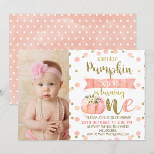 Girls Floral Pink Pumpkin 1st Birthday Invitation