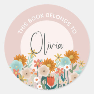 Girls Floral Pink 'This Book Belongs' Flowers Classic Round Sticker