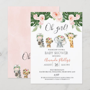 Girls Floral Safari Animals Baby Shower Invitation