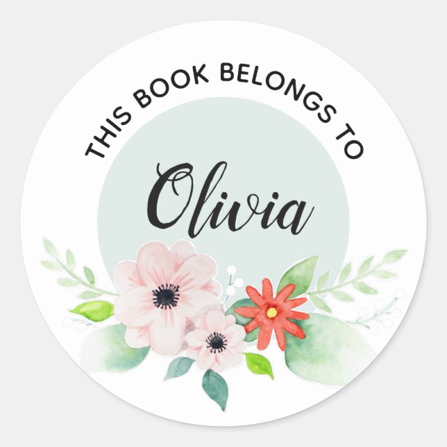 Girls Floral 'This Book Belongs' Flowers and Name Classic Round Sticker (Front)