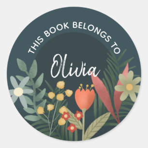 Girls Floral 'This Book Belongs' Flowers Bookplate Classic Round Sticker