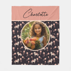 Girls Floral Unicorn Custom Photo with Name Fleece Blanket
