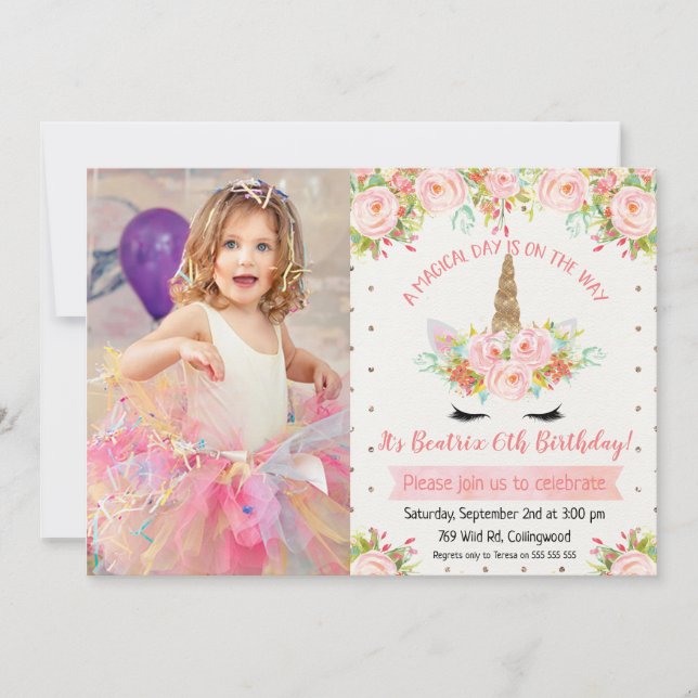 Girls Floral Unicorn Photo Birthday Invitation (Front)