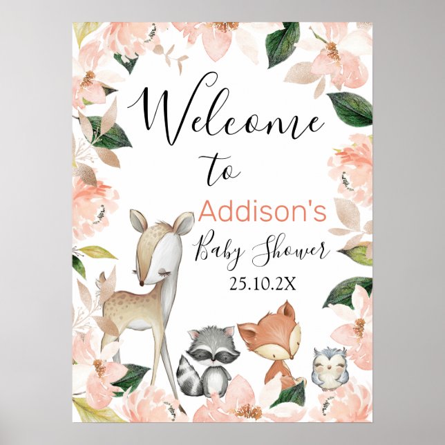 Girls Floral Woodland Baby Shower Welcome Sign (Front)