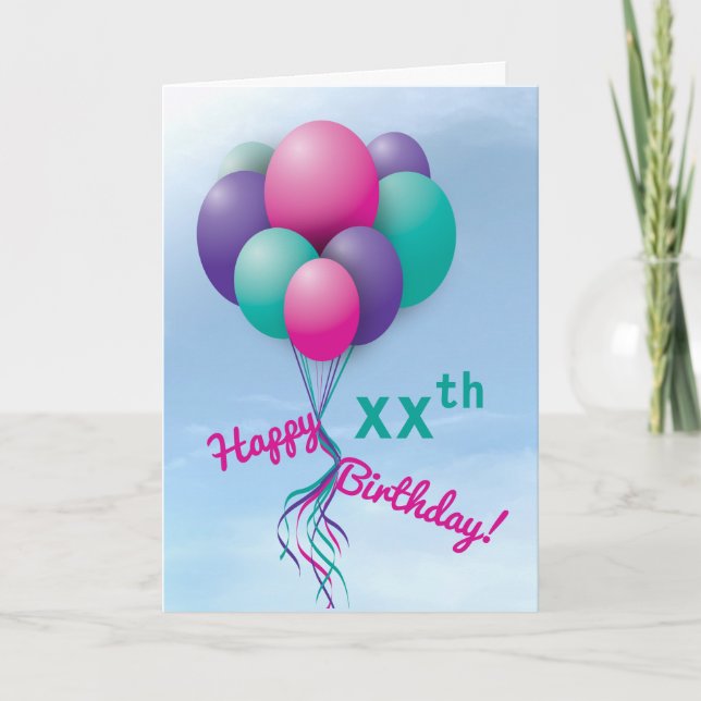 Girls' Fly-Away Balloon Bundle Happy Birthday Card (Front)
