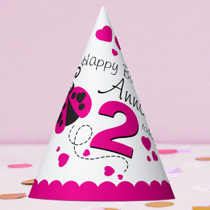 Girls flying heart ladybug pink name 2nd birthday  party hat