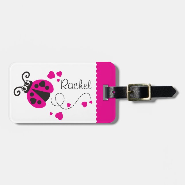 Girls flying heart ladybug pink named luggage tag (Front Horizontal)