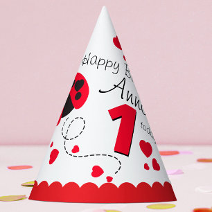 Girls flying heart ladybug red name 1st birthday party hat