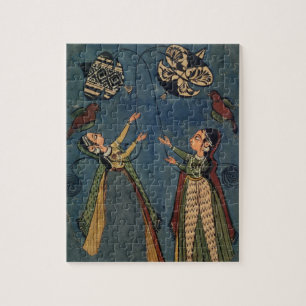 Girls flying kites, Kulu folk painting, Himachal P Jigsaw Puzzle