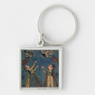 Girls flying kites, Kulu folk painting, Himachal P Key Ring