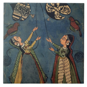 Girls flying kites, Kulu folk painting, Himachal P Tile