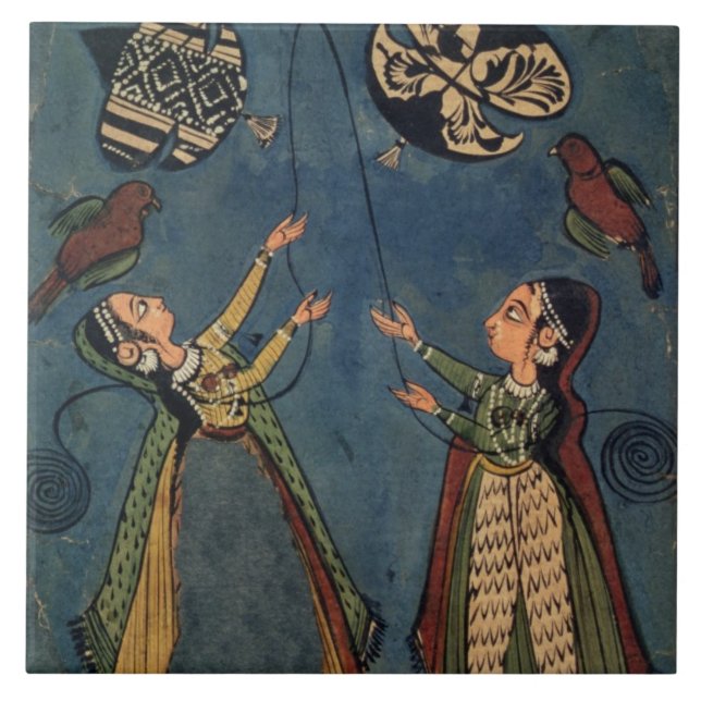 Girls flying kites, Kulu folk painting, Himachal P Tile (Front)