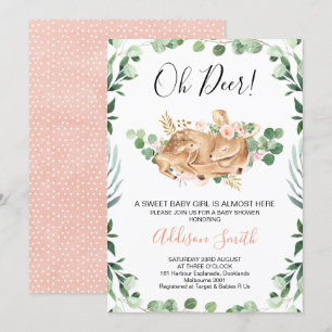 Girls Foliage Greenery Floral Deer Baby Shower Invitation