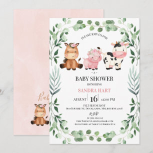 Girls Foliage Wreath Farm Animals Baby Shower Invitation