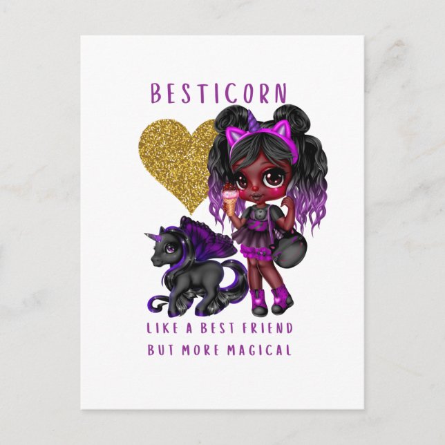 Girls Friend Gift Black Unicorn Besticorn Magical Postcard (Front)