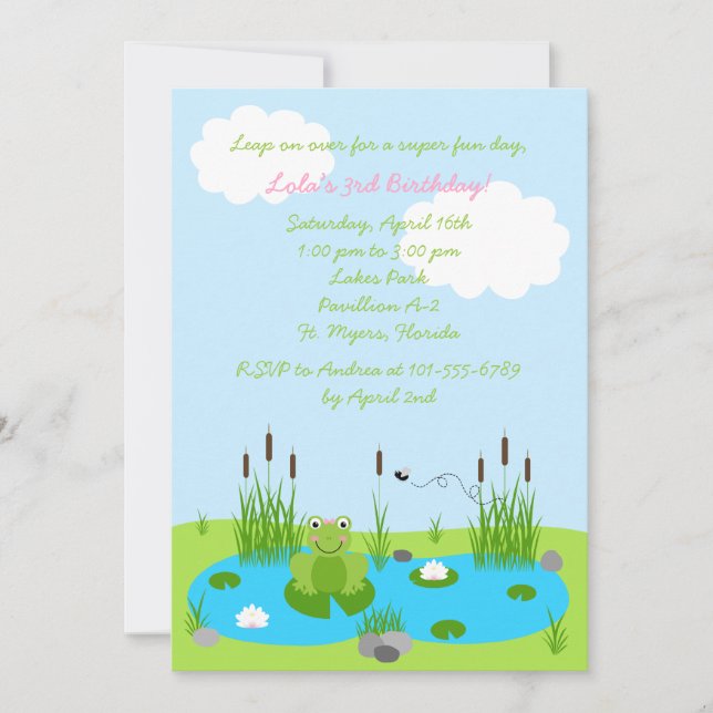 Girls Froggie Pond 5x7 Invitation (Front)