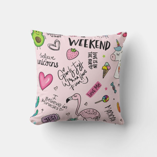 Girls fun concept with unicorn, flamingo, cactus,  cushion (Front)