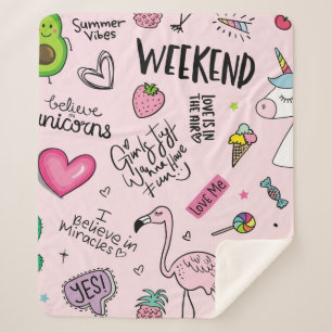 Girls fun concept with unicorn, flamingo, cactus,  sherpa blanket