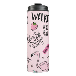 Girls fun concept with unicorn, flamingo, cactus, thermal tumbler