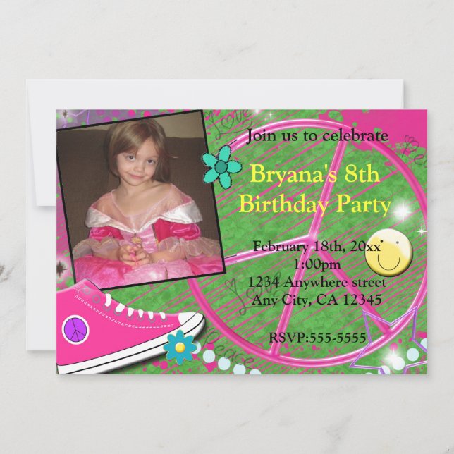 Girls Funky Doodle Photo Birthday Party Invitation (Front)
